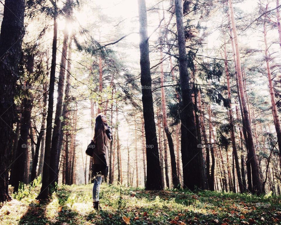 Stylish woman standing in forest
