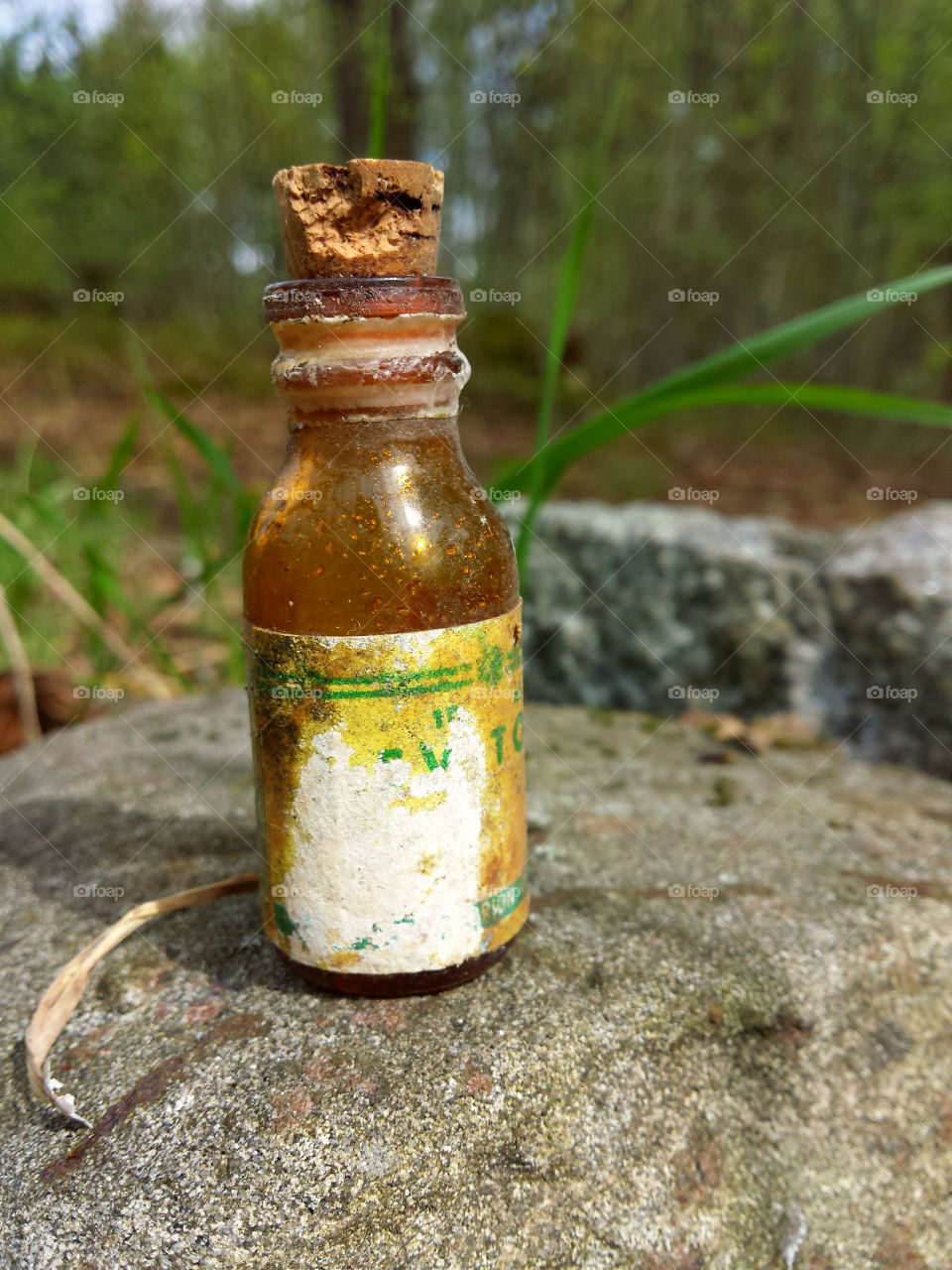 Old and aged medicine bottle. Old and aged medicine bottle in the woods