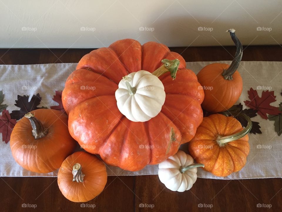 Pumpkin centerpiece on kitchen table 