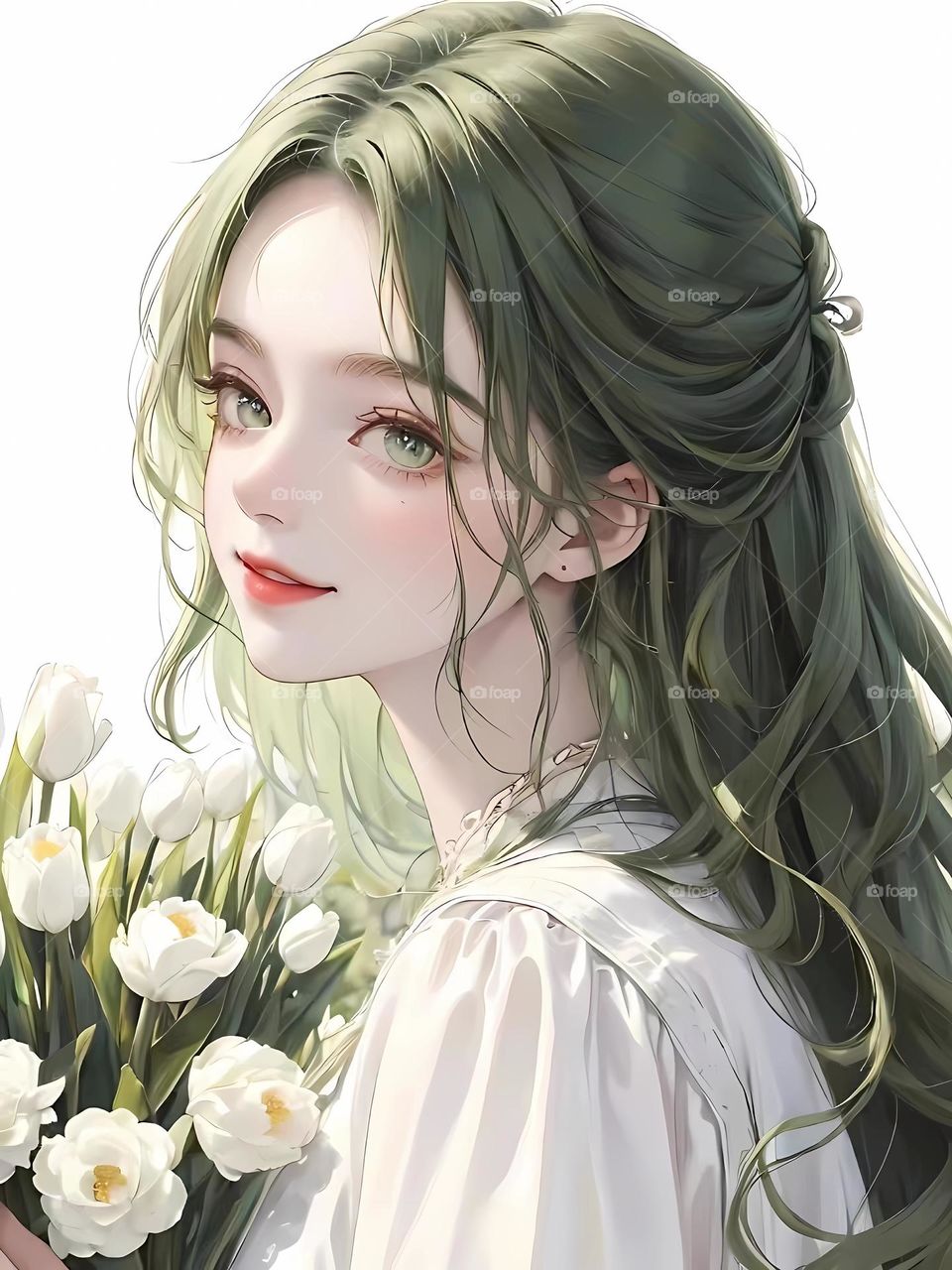 beautiful green long haired girl holding flowers in spring