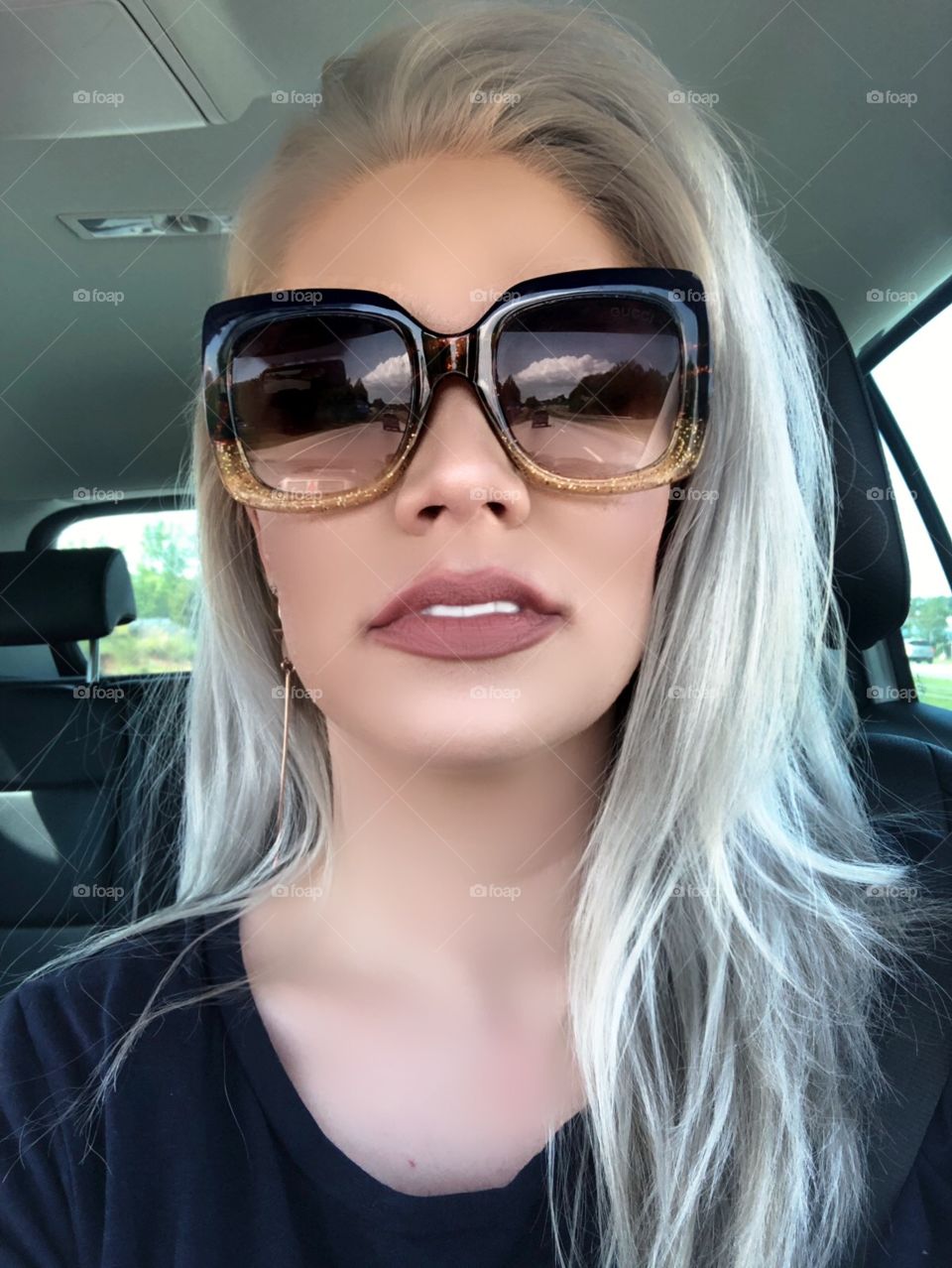 Gucci sunglasses for me, love the way they fit my face.  The square shape is perfect and keeps all sun out.  Don’t worry I was stopped while taking this selfie.  Safety first.