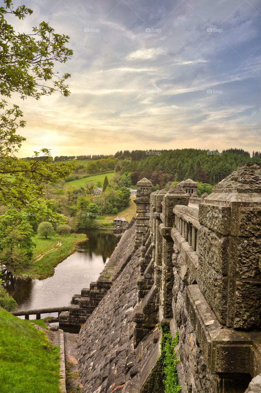 Dam on lake Vyrnwy. Countryside. UK.