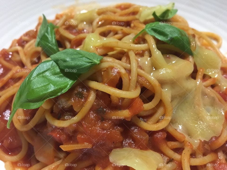 Homemade tomato sauce pasta.