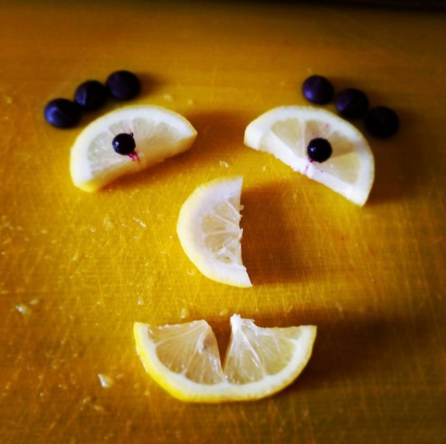 goofy lemon face with blueberry eyebrows!!