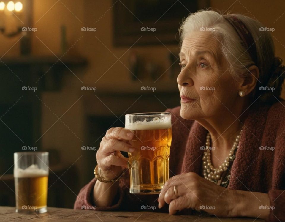 Old woman drinking beer