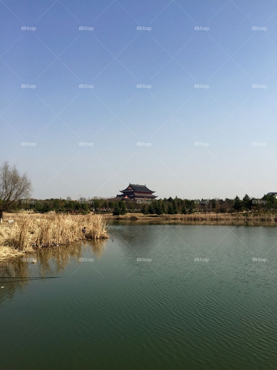 A Chinese temple on the other side of lake