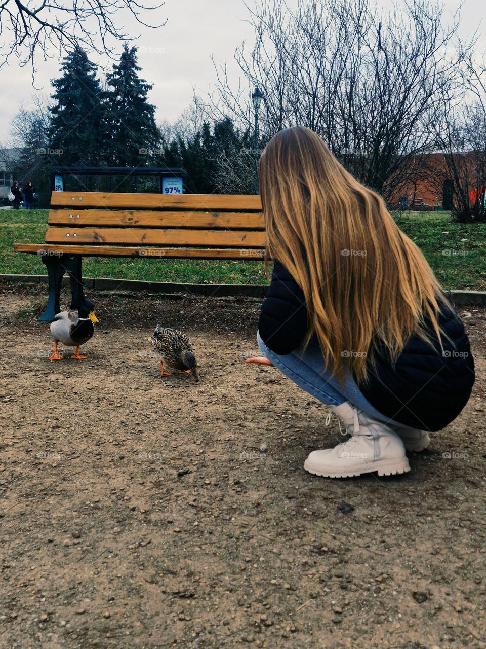 the girl trying to tame the wild ducks