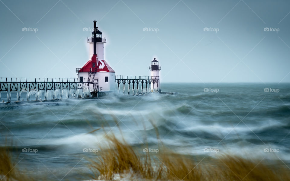 Lake Michigan Lighthouse on a Rough Winters Day