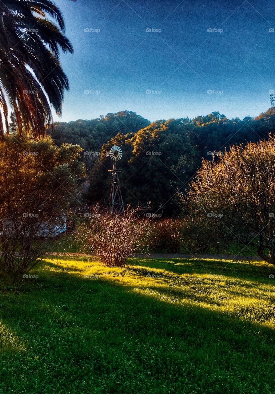 Old fashion windmill in scenic meadow.  