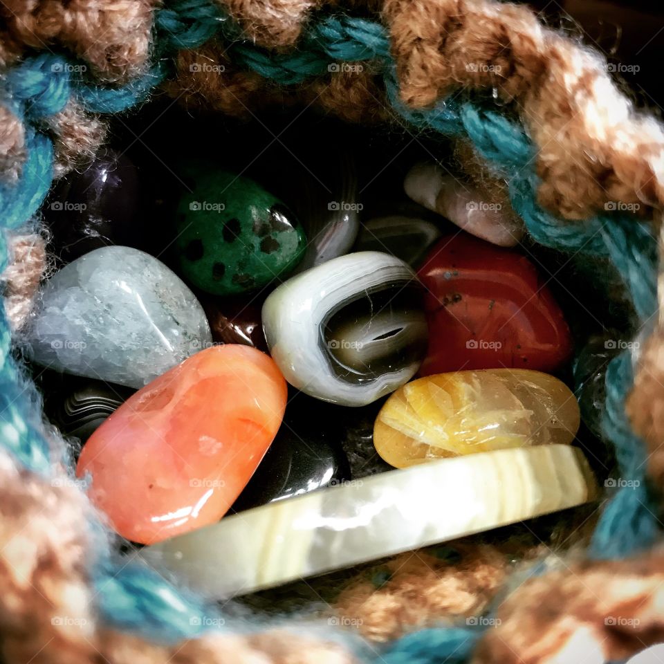Mixed polished gemstones and crystals in pouch 