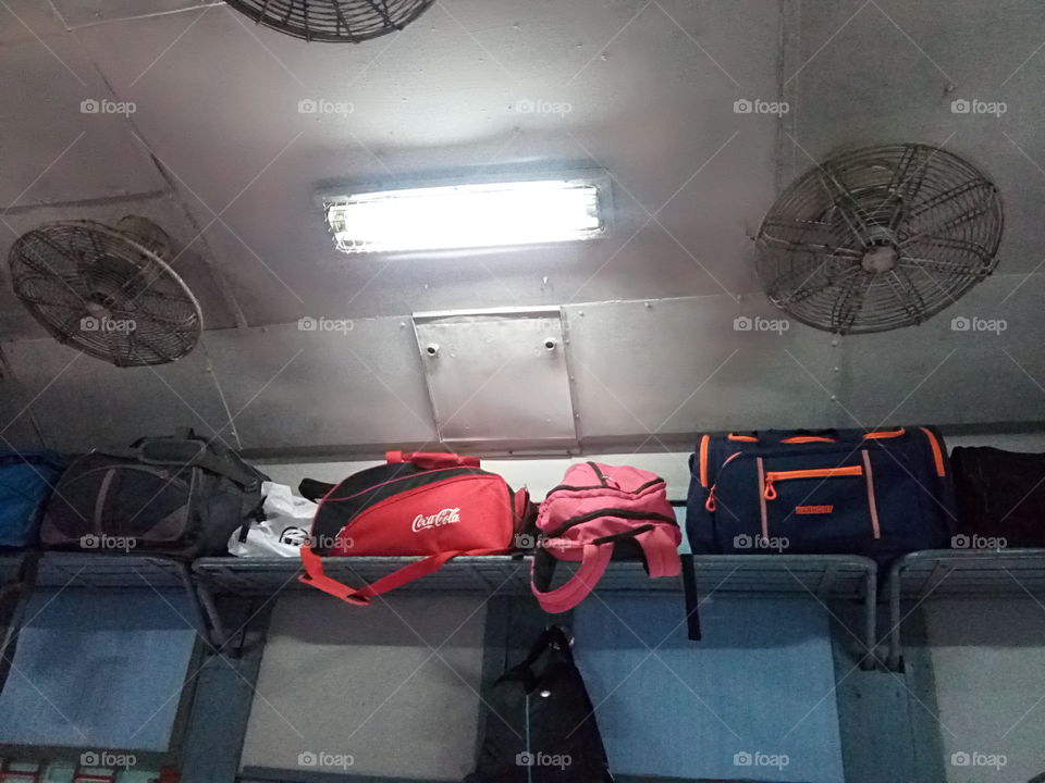passenger's luggage kept in a railway compartment.