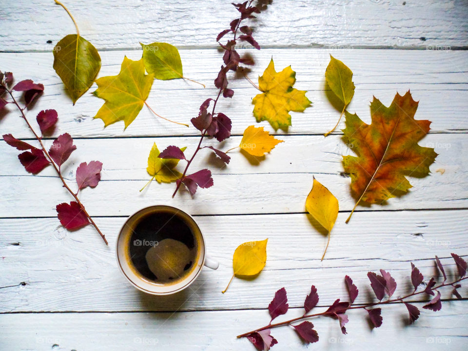 cup of coffee and a multi-colored autumn foliage