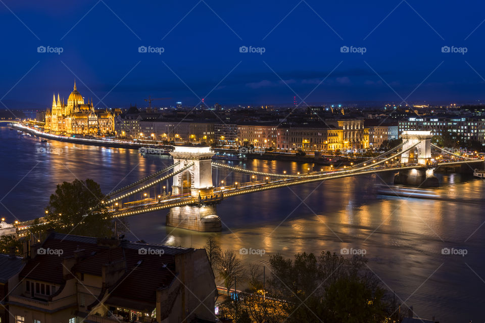 Charle's bridge at night, Budapest, Hungary.