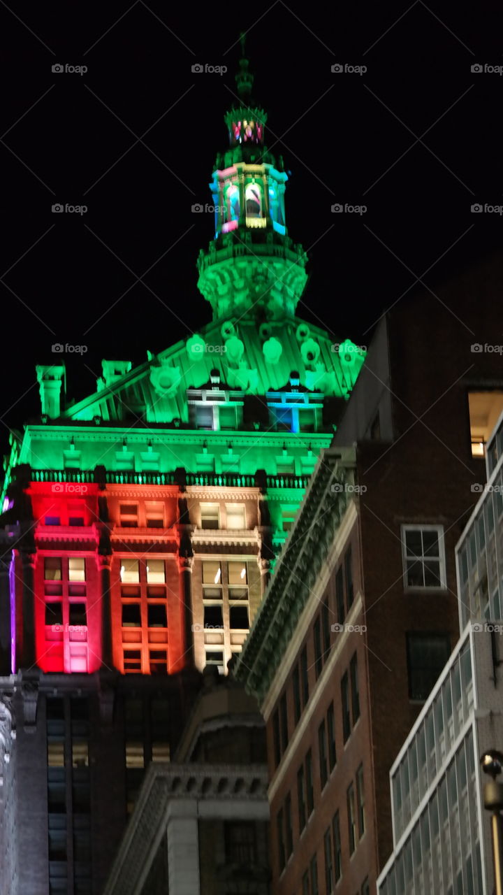Rainbow lights on city building 