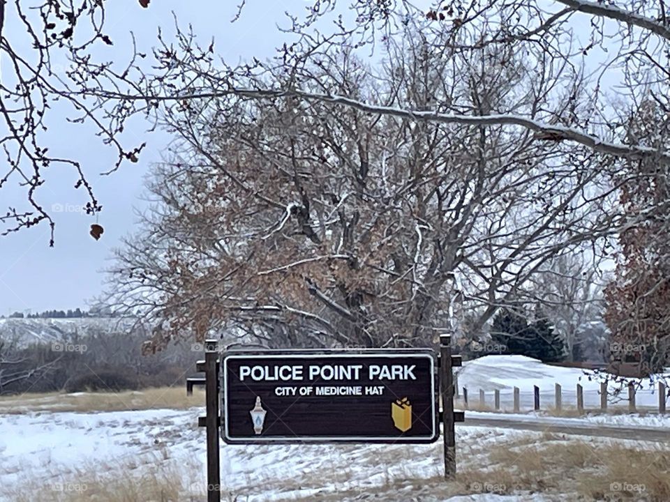 Sign says it all, except in Alberta, Canada, a nice but cloudy, winter day, nature, landscape picture, with browns and golds from the trees and wild grasses, to the blue skies