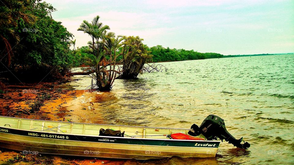 Bote... barco às margens do rio.