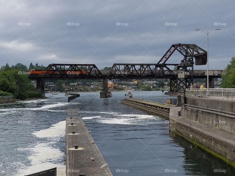 train over railbridge Hiram M Chittenden Locks. Seattle, Washington 5/18/2016
