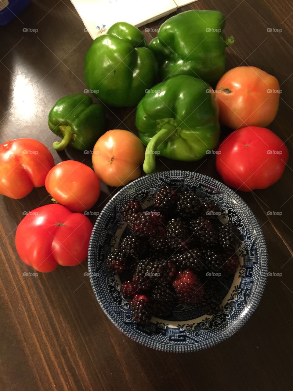 Tomatoes, peppers, blackberries fresh from the garden
