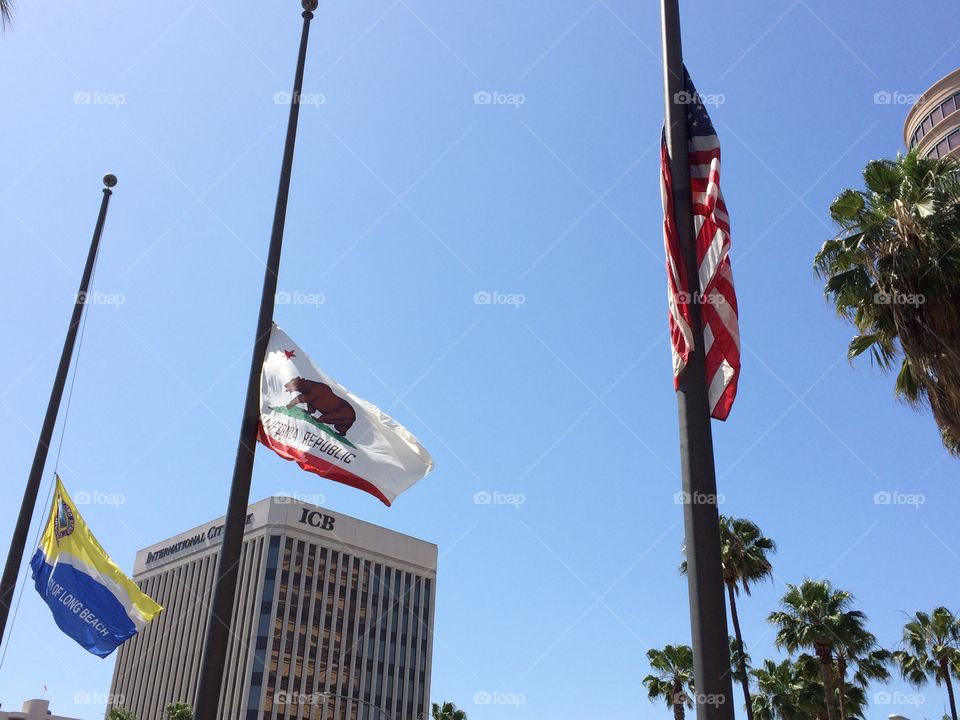 U.S. , California and City of Long Beach Flags at half staff 