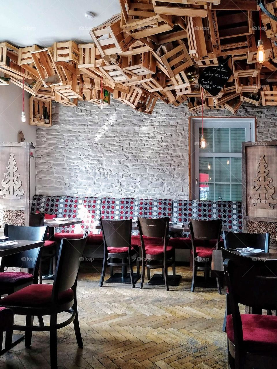 Café interior. Boxes decorations