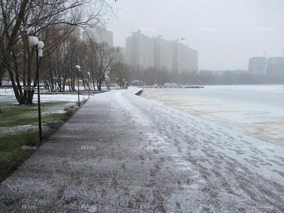 winter, December, snow and rain, fog, slush, frost, park walk, rest,