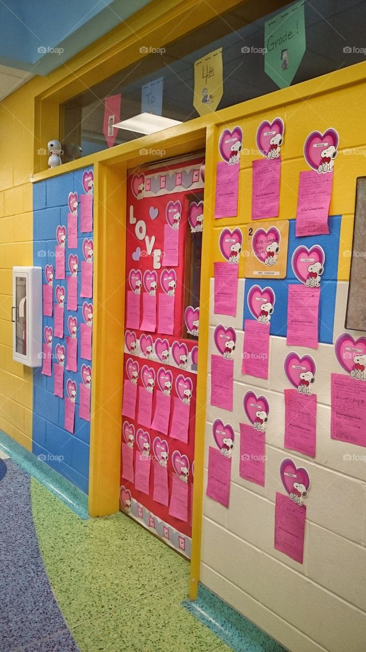 elementary school colorful hallway south Texas Valentine's day snoopy pink decoration classroom