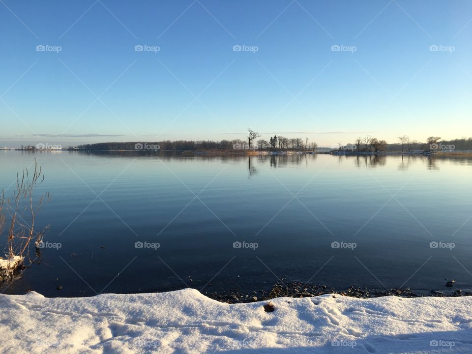 Winter lake at sunrise