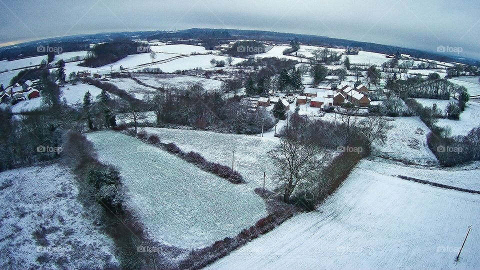 Drone cam image of rural France, in the snow - January 2019