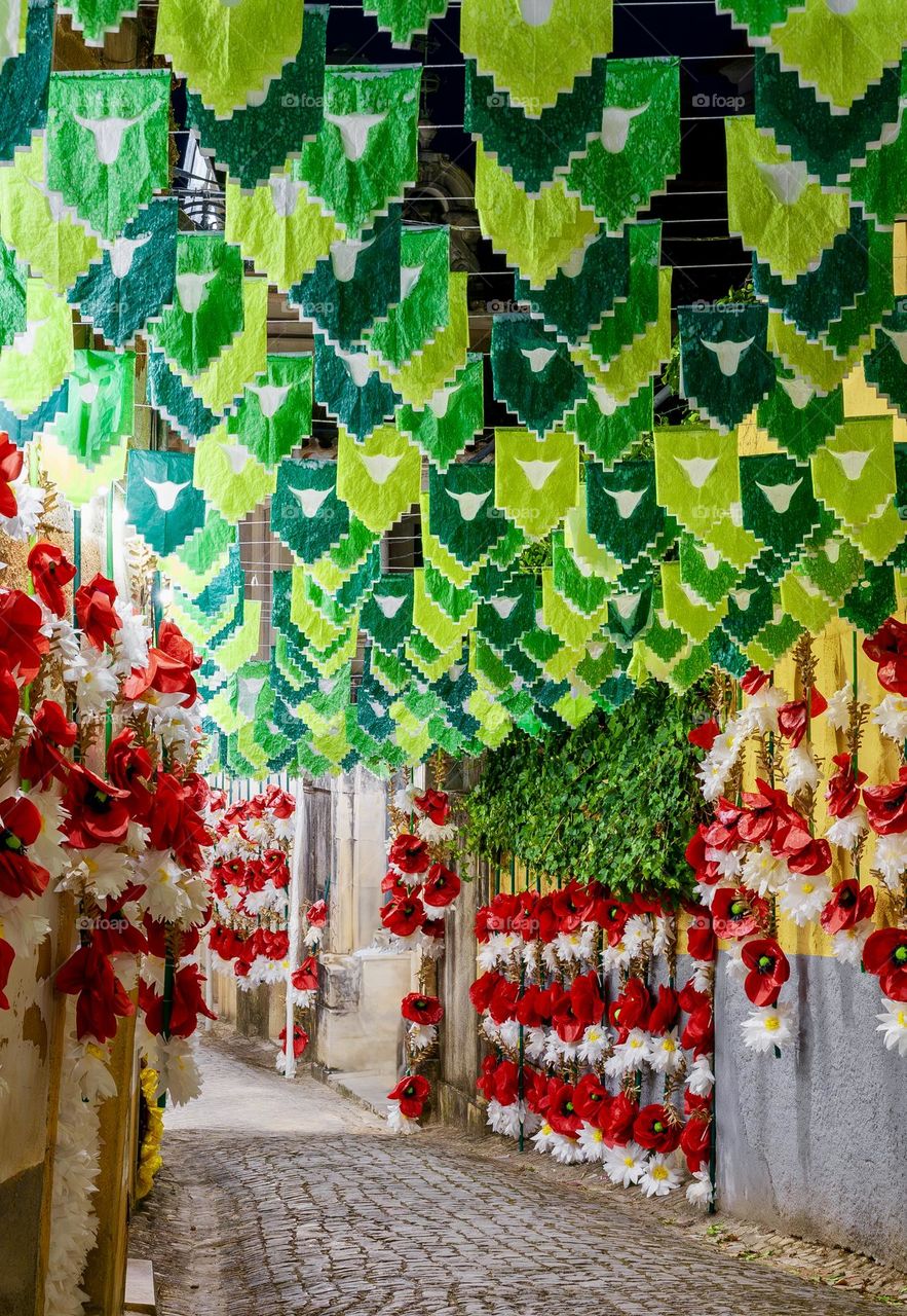 Red & green street decorations in Tomar, Portugal
