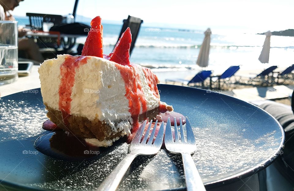 Cheesecake, Greek sea background....