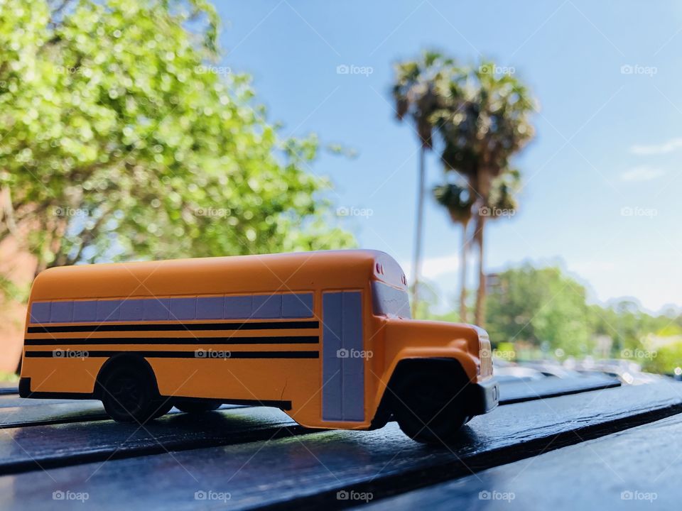 Mini school bus parked on the bench in Florida with sun shining in the sky. 