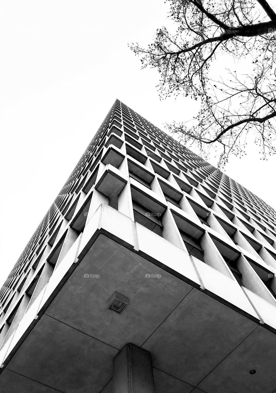 Looking up a black-and-white architecture in mid-town Sacramento