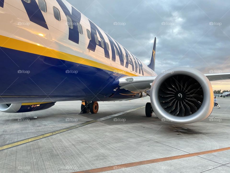 A Ryanair aircraft engine at Dublin Airport in Dublin, Ireland.