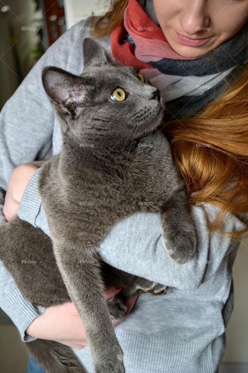 girl with cat pet love, happiness