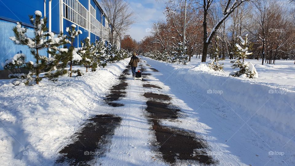 kids walking on a cleaned winter road