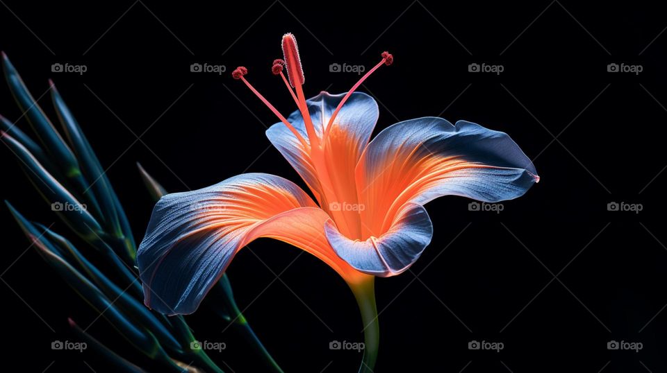 hibiscus flowers with white, orange and blue petals and roots on dark background