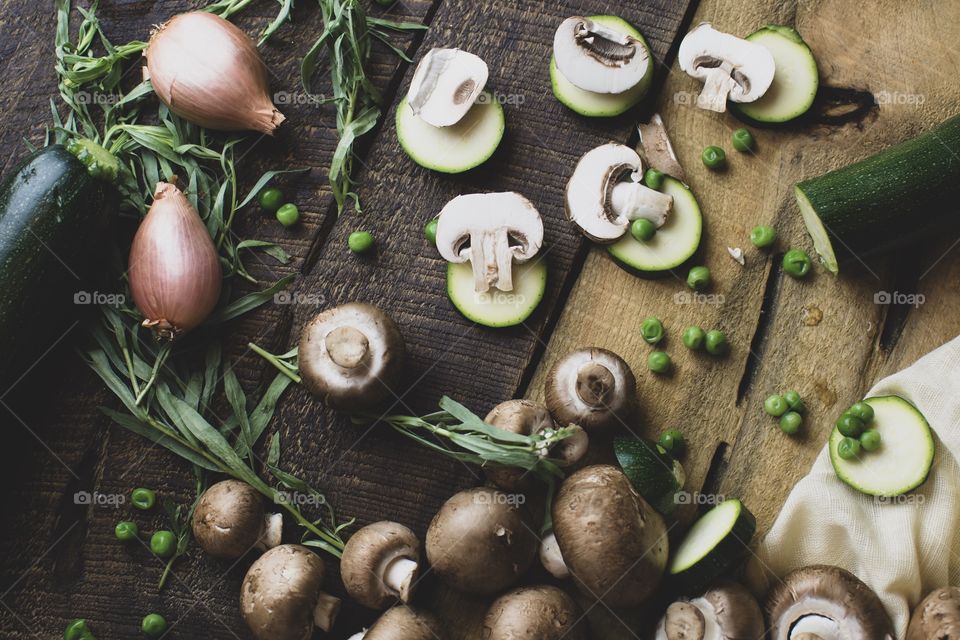 High angle view of gourmet vegetables flat lay cooking at home fresh healthy ingredients 