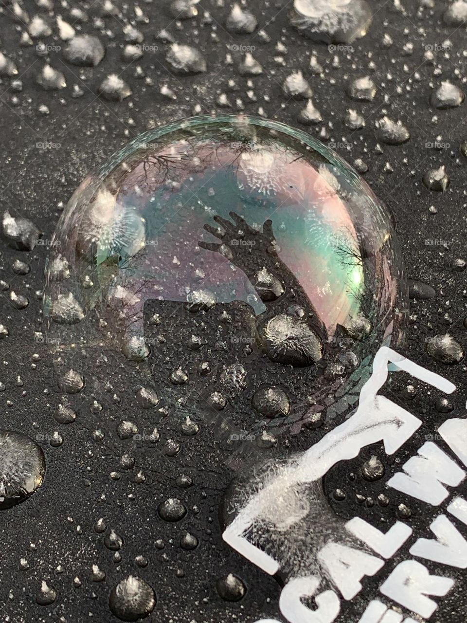 A winter wonderland. Ice crystals on top of a waste bin, on a chilly December morning. A well placed soap bubble on top, for a beautiful effect. 