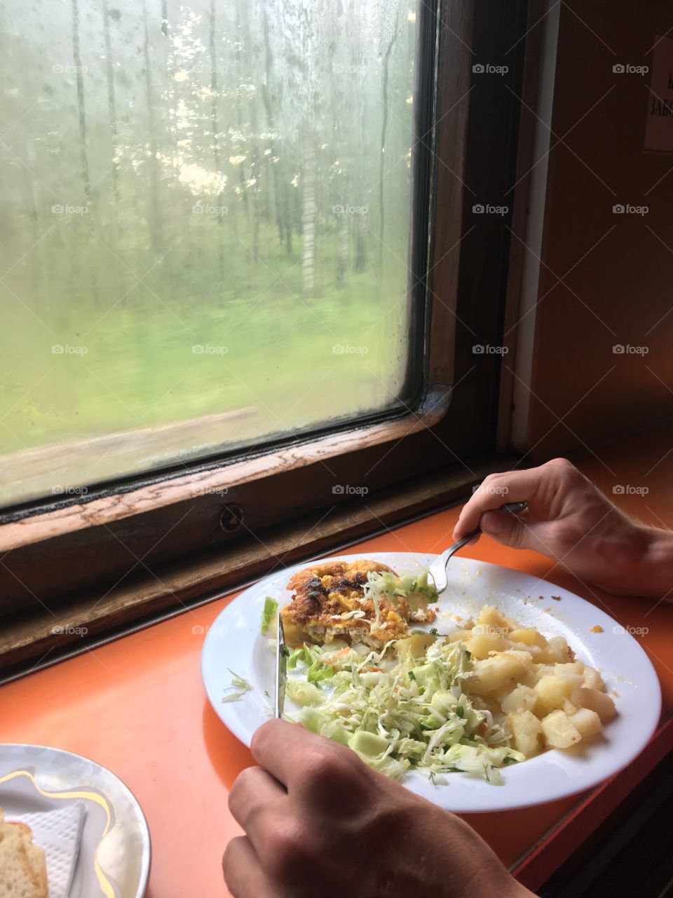 Road lunch in the train while having long trip in the mountains 