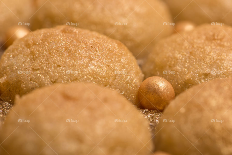 Close-up of baked balls with bead