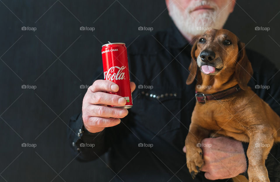 Cute guys with Coca-Cola, men dog Coca-Cola 