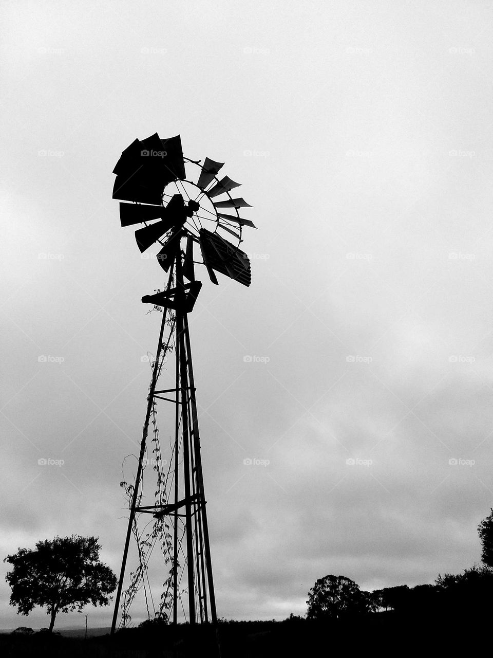 a farm windmill silhouetted against a cloudy sky