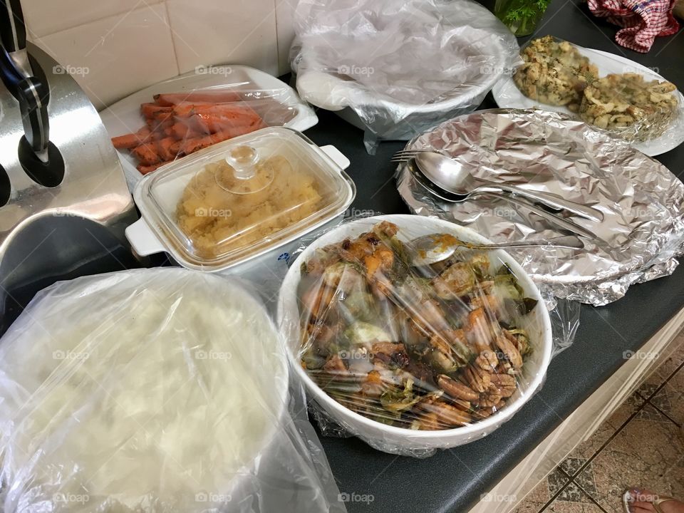 Thanksgiving dinner on counter in preparation for guests