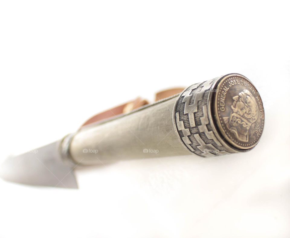 handmade silver knife with ancient  Argentina coin