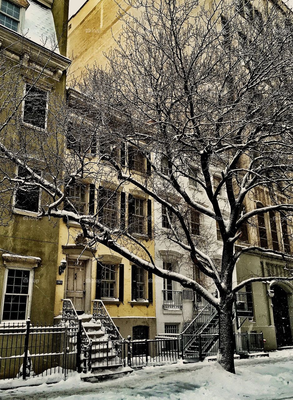 Chelsea Townhouses in Snow. Affluent New York City Townhouses under snow. Winter 2015.