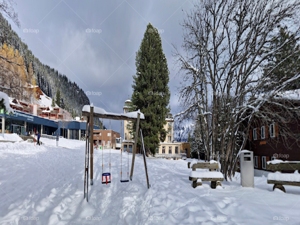 Snow covered village in Switzerland