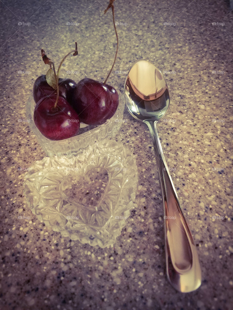 Cherries in crystal heart dish