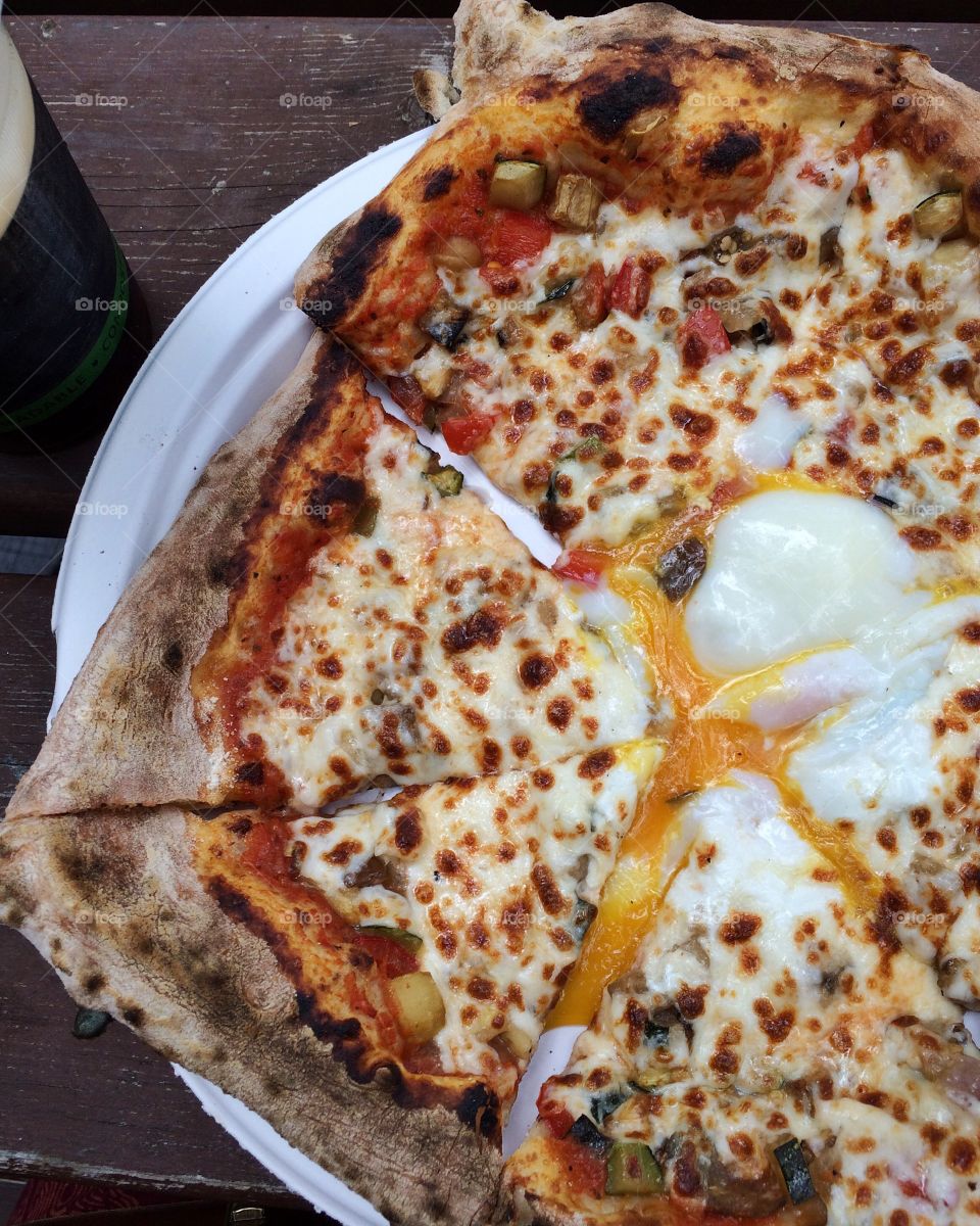 Ratatouille wood fired pizza with a fried egg, from the Red Ember food truck in Winnipeg