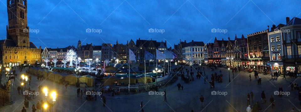 A panoramic look at the beautiful and historic central square of Brugge, Belgium