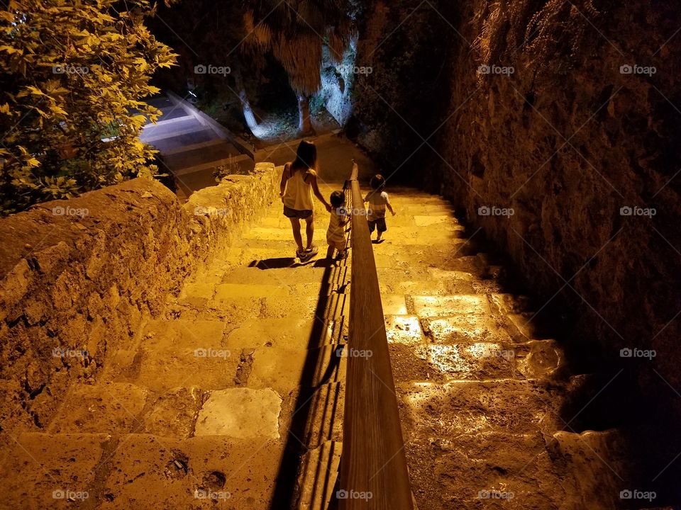 young family on the ancient Roman staircase in Antalya turkey